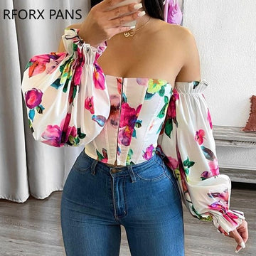 Yipinpay Women Off Shoulder Lantern Sleeve Floral Print Top for Women Top 2023